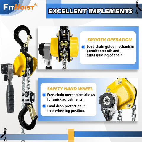 Half Ton Manual Lever Chain Hoist With 1100 Lb Capacity, 10 Ft Lift featuring smooth operation and safety hand wheel