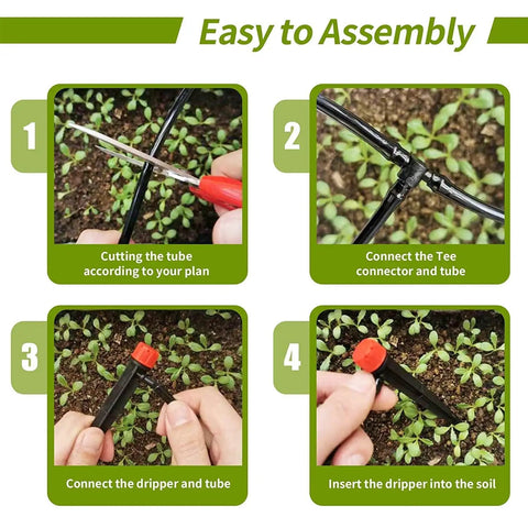 Four-step assembly guide for Fifty Pack One Quarter Inch Drip Emitter Set For Garden Irrigation With Adjustable 360 Degree Spray