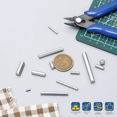 225-Piece M3 Solid Dowel Pins Set in Stainless Steel, 13 Sizes with cutting tool, coin, and cutting mat
