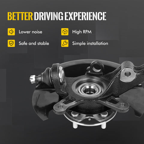 Front Steering Knuckle And Wheel Bearing Hub Assembly For Honda Civic 2003 2004 2005 1.7L L4 Right Or Left Side OE Replacement Direct Fit Made To Factory OE Specs And Tested For Durable Performance, showcasing lower noise, high RPM, and simple installation features.