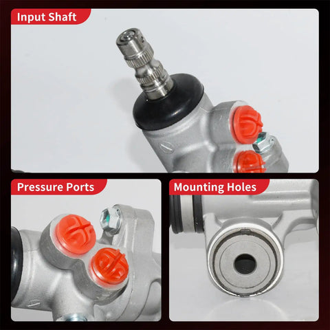 Close-up of input shaft, pressure ports, and mounting holes on Hydraulic Power Steering Rack and Pinion Assembly For Toyota Camry 2002 2006 Solara 2004 2008 Lexus ES300 2002 2003 ES330 2004 2006 Ref 26 2606 Left Hand Drive Only
