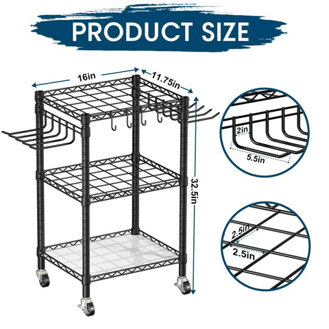 T1 Garden Tool Organizer With Lockable Wheels Heavy Duty Garage Storage For Yard Shed Outdoor And Lawn Freestanding Tool Organizer Stores Up To 50 Tools Black With Anti Tip Device dimensions and wire shelving detail.