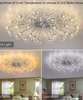 Three views of Totally Modern 28 Light Crystal Flower Chandelier LED Ceiling Light Dimmable Flush Mount Fixture showing different color temperatures in a living room.