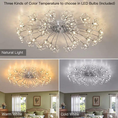 Three views of Totally Modern 28 Light Crystal Flower Chandelier LED Ceiling Light Dimmable Flush Mount Fixture showing different color temperatures in a living room.