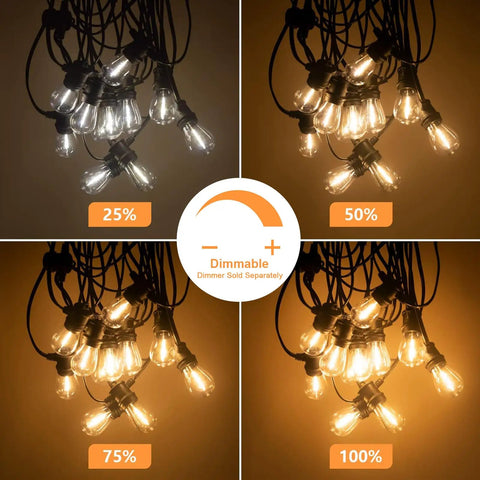 Durable Outdoor String Lights 48Ft with 16 LED Shatterproof Bulbs shown at different dimmable brightness levels.