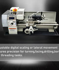 Garage Grade Mini Metal Lathe Machine With Fast Electric Gear Shift And No Sweat Metric Imperial Conversion 1100W Brushless Motor on a workbench.