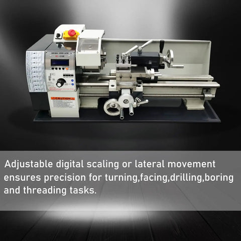 Garage Grade Mini Metal Lathe Machine With Fast Electric Gear Shift And No Sweat Metric Imperial Conversion 1100W Brushless Motor on a workbench.