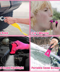 Pink Car Emergency Kit For Women with tow rope, 3 in 1 whistle, hand crank flashlight, portable snow scraper in use