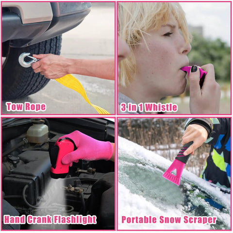 Pink Car Emergency Kit For Women with tow rope, 3 in 1 whistle, hand crank flashlight, portable snow scraper in use
