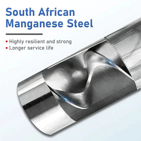 Close-up of South African manganese steel used in powerful high suction portable grain auger pump for fast grain cement fertilizer and gravel transfer built tough with wear resistant hose for home farm and small shop use.