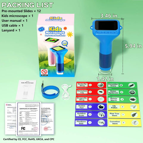 1000X Digital Kids Microscope Kit For Curious Learners With 12 Slides And A 2 Inch Screen Blue Kid Friendly And Super Fun For Exploring Cells Insects Coins And More 100X To 1000X Magnification, shown with slide set and USB cable