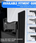 Quick Draw Slide Out Biometric Pistol Safe Fast Deploy Handgun Security Box showing fitment guide for various handgun sizes.