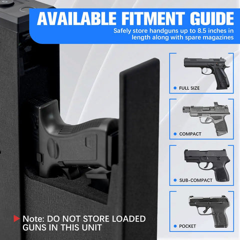 Quick Draw Slide Out Biometric Pistol Safe Fast Deploy Handgun Security Box showing fitment guide for various handgun sizes.