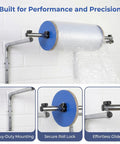 Straight Up Wall Mount Bubble Wrap Dispenser And Rock Solid Foam Roll Holder For Pro Level Packing Stations with blue side discs.