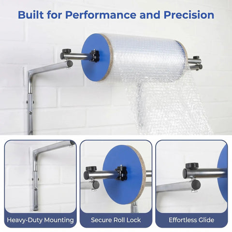 Straight Up Wall Mount Bubble Wrap Dispenser And Rock Solid Foam Roll Holder For Pro Level Packing Stations with blue side discs.