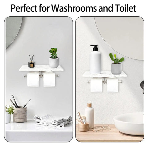 Wall Mounted Toilet Paper Holder With Natural Marble Shelf For Mega Rolls, Brushed Nickel Finish, shown with decor items