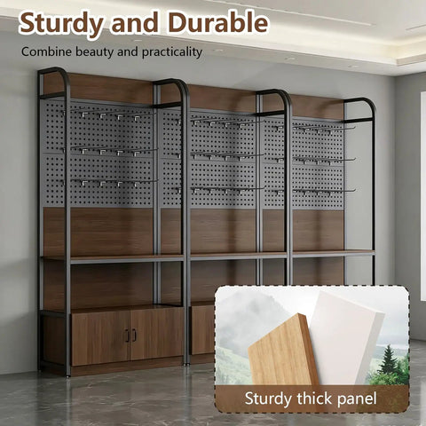Rock Solid Retail Display Rack With Pegboard And Hooks, Freestanding Store Shelving Stand, Handy Storage Cabinet Below, No Sweat Setup For Boutiques And Convenience Shops, Dark Walnut Finish Game Changer