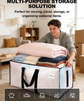 Heavy Duty Moving Bags Pack Of 8 With 200 Lb Capacity shown with clothes and bedding in a living room.