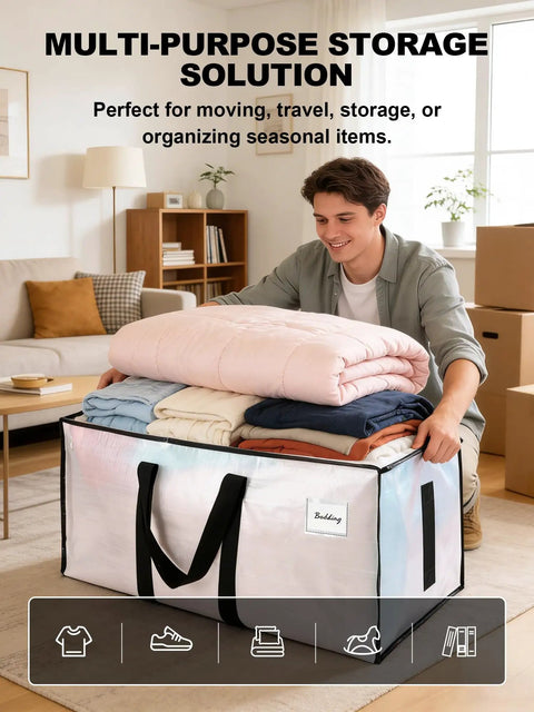 Heavy Duty Moving Bags Pack Of 8 With 200 Lb Capacity shown with clothes and bedding in a living room.