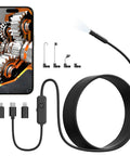 Pro-Grade Endoscope Camera With Light For Android And iOS, 1920P HD Borescope, showing 16.4Ft cable, connectors, and screen view.