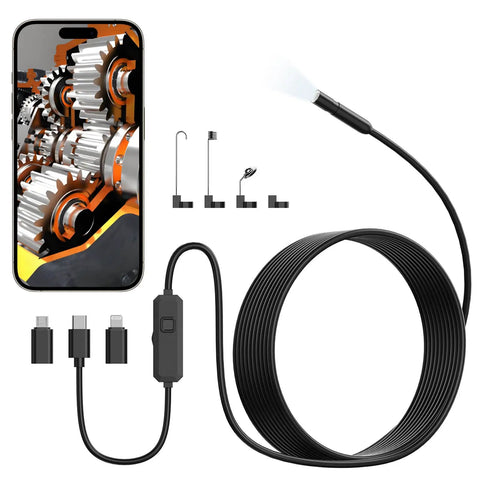 Pro-Grade Endoscope Camera With Light For Android And iOS, 1920P HD Borescope, showing 16.4Ft cable, connectors, and screen view.