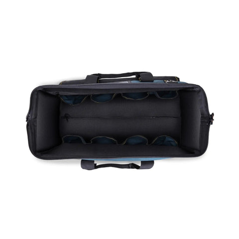 Top view of 22 Inch Rolling Tool Bag on Wheels with thick Oxford fabric, showing large compartments, built to last for heavy duty tools.