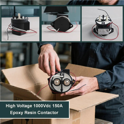 Heavy Duty 1000VDC 150A Dc Contactor Relay Rock Solid Spst No Epoxy Sealed Switch For Electric Vehicle Charging And Solar Power Systems, shown in hand.