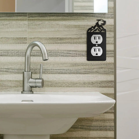 Bathroom view with Six Pack Metal Bear Light Switch Covers With Moose Tree Mountain Elk Forest Designs on wall outlet