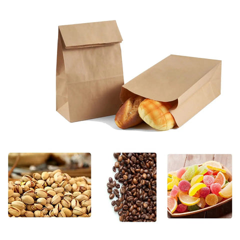 Brown Kraft Paper Grocery Bags 40 Count With Square Bottom And 4 Lb Capacity For Grab And Go Lunches Takeout DIY Decor Eco Friendly Undecorated Bags For Decorating And Storing showing bread and assorted snacks