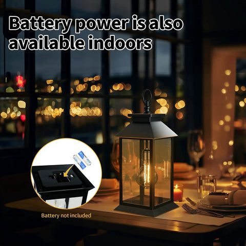 2 Pack Dope Outdoor Solar Lanterns With Hanging Glass Lights Waterproof Dual Power Solar Or 2 AA Batteries on dining table