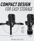 Direto XR-T Direct Drive Bike Trainer compact design, dimensions for easy storage, height 22.04", weight 33 lbs