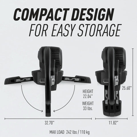 Direto XR-T Direct Drive Bike Trainer compact design, dimensions for easy storage, height 22.04", weight 33 lbs