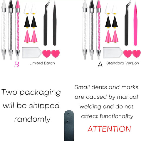 14 Piece Rhinestone Picker Kit Pro Grade With Dual Head Pens, wax tips, tweezers; two packaging options displayed with accessories.