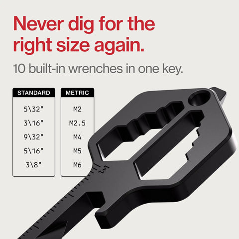 Close-up of Pocket Ready Five In One EDC Keychain Tool with metric and standard wrenches, showing box opener and ruler.