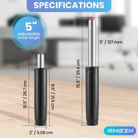 Office Chair Cylinder Replacement 5.5 Inch Travel Length Fits Most Chairs Heavy Duty Class 4 Gas Lift with specifications shown