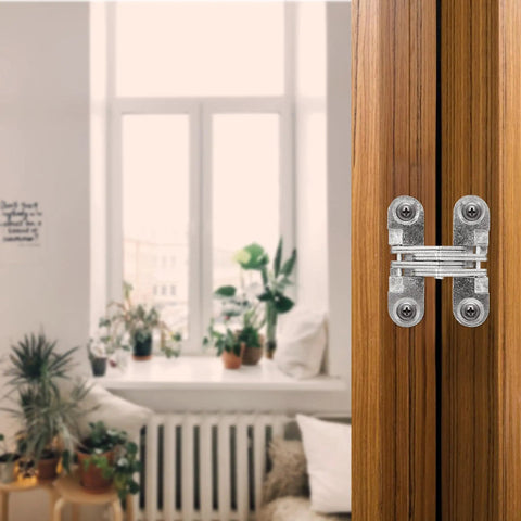 Six Packs Hidden Door Hinges Cross Style 180 Degree Concealed Hinges For Doors And Kitchen Cabinets In Tough Stainless Steel 0.47 Inch Wide By 1.65 Inch High installed on wooden door