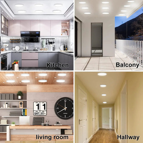 Four spaces illuminated by ETL Listed 7 Inch Ultra Slim Round LED Flush Mount Ceiling Light Dimmable 5000K Daylight.