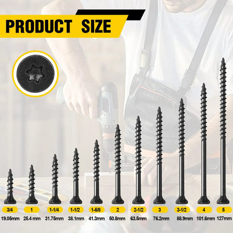 Ten By Four Inch Black Star Drive Wood Screws Self Tapping Deck Screws 80 Pieces With Free T25 Bit size chart and screw image