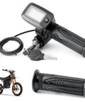 Upgraded 48V Ebike Speedometer Throttle With M Key Integrated Display For Soleil 01 Electric Dirt Bike Replacement Plug And Play Install Smooth Throttle Response And Accurate Readouts, shown with wiring and grip details.