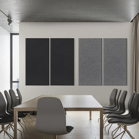 Pro Grade 2 Inch Thick Fiberglass Acoustic Panels With No Fuss Wall Hardware Two Pack Heather Grey installed in modern office.