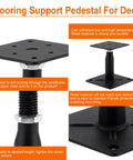 Side view of metal flooring support pedestal, black with screw base, for deck installation, shown at adjustable height, with build quality details