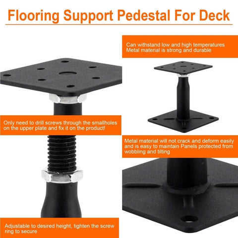 Side view of metal flooring support pedestal, black with screw base, for deck installation, shown at adjustable height, with build quality details