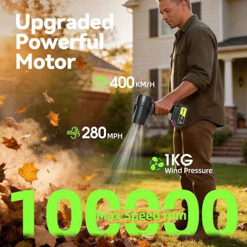 Man using 100000 RPM Cordless Leaf Blower With Dual 3Ah Batteries And Fast Charger Handheld Rechargeable Turbo Jet Blower for yard