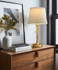 Modern Gold Brass Table Lamp Set Of 2 For Bedroom And Living Room With White Drum Shade on bedside table with decor