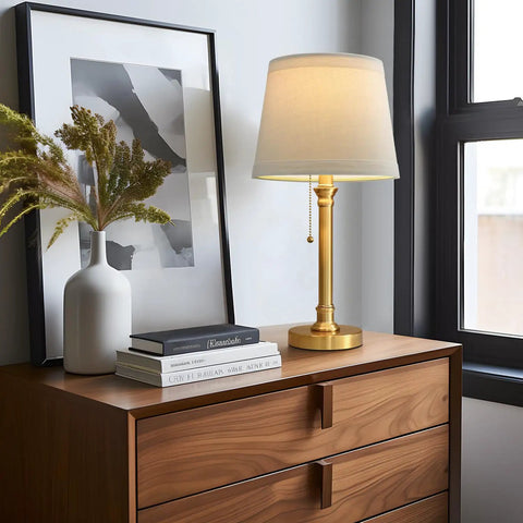 Modern Gold Brass Table Lamp Set Of 2 For Bedroom And Living Room With White Drum Shade on bedside table with decor
