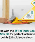 FitFinder Half Inch Gauge Wood Center Point Finder beside yellow miter bit setup on table saw for precise woodworking joints.