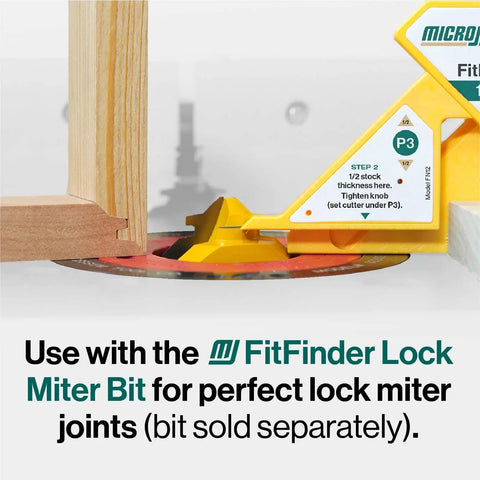 FitFinder Half Inch Gauge Wood Center Point Finder beside yellow miter bit setup on table saw for precise woodworking joints.