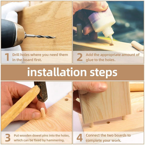 Installation steps for Professional Grade Top Tier 200 Pack Natural Birch Wood Dowel Pins With Deep Fluted Grooves.
