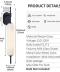 Black Milk Glass Wall Sconces Set Of 2 For Living Room Bedroom Hallway Mid Century Modern Style Lighting Fixtures With Matte Black Canopy And Soft Glass Glow Wall Mount Lamps Ideal For Mirror, with detailed measurements and features list