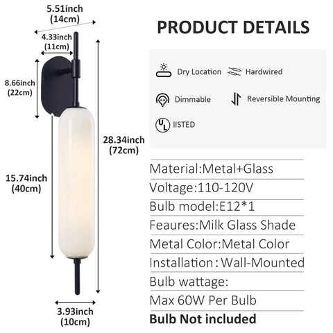 Black Milk Glass Wall Sconces Set Of 2 For Living Room Bedroom Hallway Mid Century Modern Style Lighting Fixtures With Matte Black Canopy And Soft Glass Glow Wall Mount Lamps Ideal For Mirror, with detailed measurements and features list